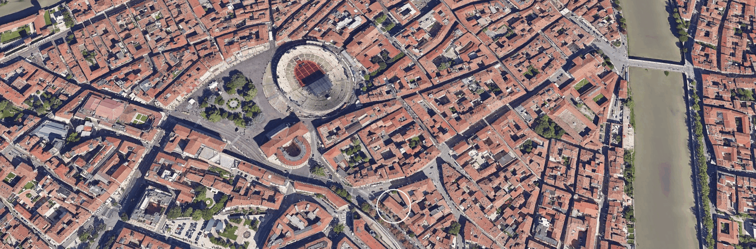 Vista satellitare dello studio di Fortunato Real Estate a Verona, vicino all'Arena