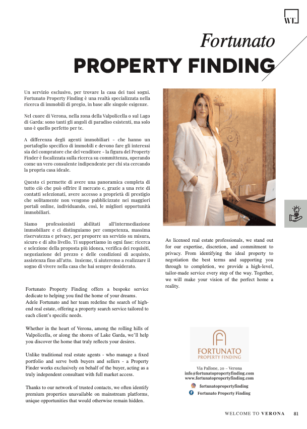 Pagina dedicata a Fortunato Real Estate su Welcome to Verona, edizione luglio 2025